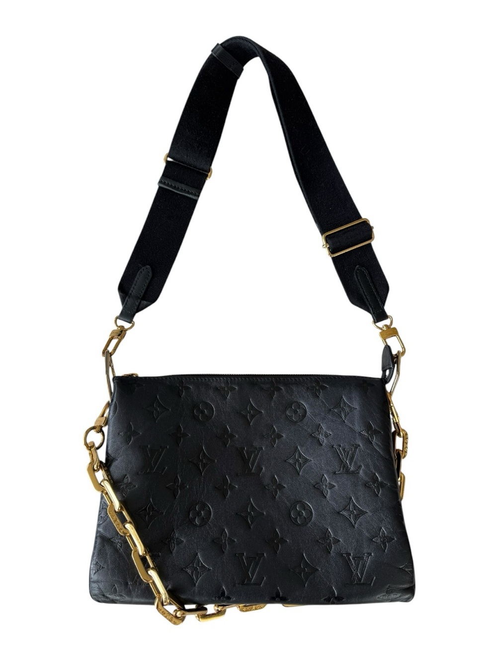 Louis Vuitton Coussin PM Black Embossed Monogram Crossbody with Gold Chain